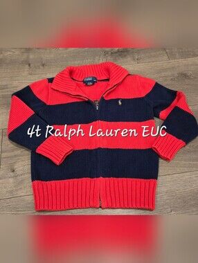 Ralph Lauren Red and Navy Striped Full Zip Sweater 4t